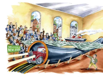 Cartoon shows an audience viewing a 3D rendering of the Holland Tunnel, with a ship floating above it and a car emerging from one end