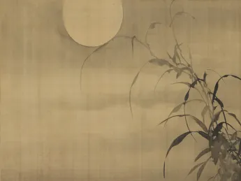 Detail of a painting showing long grasses and the moon
