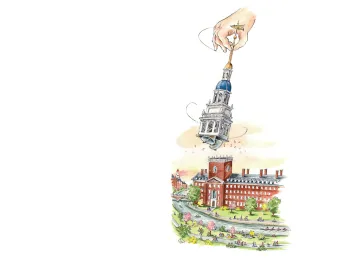 Mark Steele illustration of Lowell House’s bells being rung for the first time by a giant hand stretching from a cloud to swing the detached belfry.