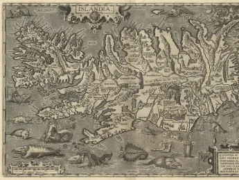 A detailed 1598 map of Iceland, with monstrous sea creatures in the surrounding waters and polar bears on ice flows.
