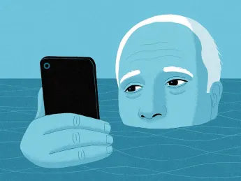 Blue-tinted illustration of a man holding his head and his smartphone above water.