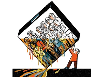 A colored illustration of diverse voters in a ballot box from which the color is being drained