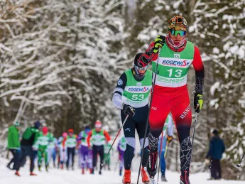 James Kitch on a trail, skiing in front of a competitor