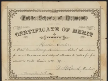 Certificate of merit awarded to Mattie Carter, a pupil in the Navy Hill School