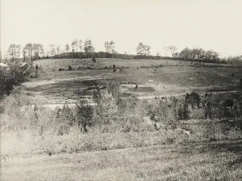 Black-and-white photo of a hill with bare trees