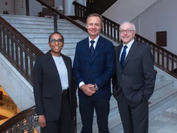 Photograph of Harvard University President-elect Claudine Gay; donor, Ernesto Bertarelli; and Harvard Medical School Dean, George Q. Daley 