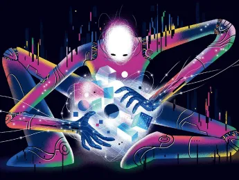 Illustration of an anthropomorphized artificial intelligence or AI breaking into a system