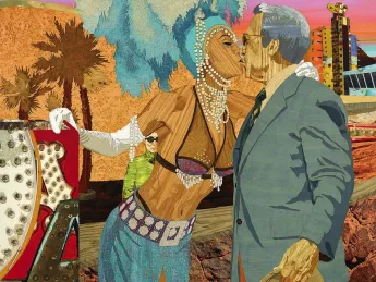 Art depicting Vegas showgirl kissing businessman