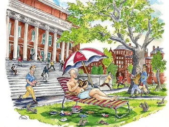 Illustration depicting a summer-school student sunbathing on the steps of Widener Library