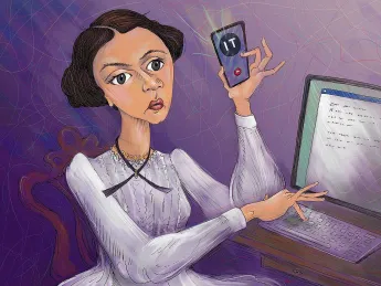 Illustration of Emily Dickinson talking to tech support