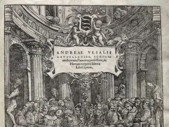 The title page of Andreas Vesalius's renowned anatomy textbook depicts a public dissection.