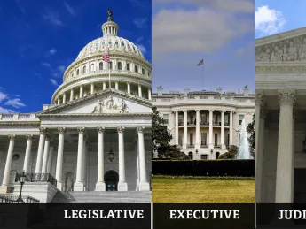 Photographs of the U.S. Capitol, the White House, and the Supreme Court, representing the three branches of government.