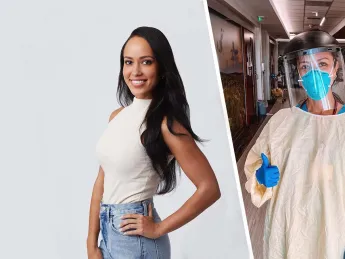 Kira Mengistu in jeans and white shirt, Kira Mengistu in doctor's PPE