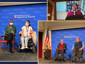 Collage of participants in a panel discussion at Harvard Kennedy School