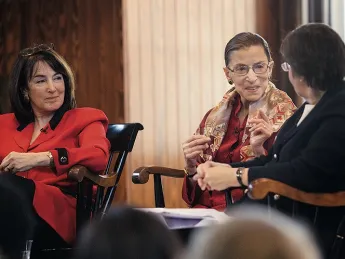 U.S. district judge Nancy Gertner (left) listens as Linda Greenhouse ’68, formerly the Supreme Court reporter for the <em>New York Times,</em> questions Supreme Court Justice Ruth Bader Ginsburg.