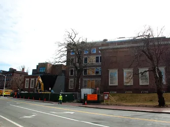 A multiyear renovation of the Fogg Art Museum, as seen from Broadway, began with interior demolition.
