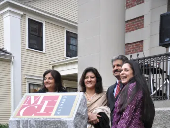 Anand Mahindra (third from left) and his wife, Anuradha Mahindra (at right), with Mr. Mahindra's sisters, Anuja Sharma (left) and Radhika Nath (second from left) at the Mahindra Humanities Center inauguration