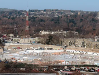 The site of the Allston science complex, where construction came to a halt in 2010.