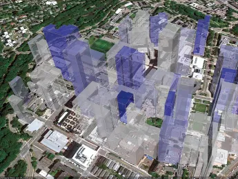In this 3D representation of the relationship between collaboration and mean citation impact in the Longwood Medical Area, each building’s height reflects the number of citations of papers originating in the building, while the color gradient (from gray/low to blue/high) represents the proportion of publications originating from that building in which both first and last authors work in the building.
