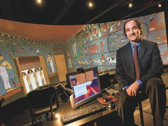 Peter Der Manuelian with a 3-D projection of the subterranean chapel of Queen Meresankh III, discovered and excavated at Giza in 1927 by the Harvard University-Boston Museum of Fine Arts Expedition. This immersive computer model, based on the actual archaeological documentation, uses software powered by Dassault Systèmes, Paris.