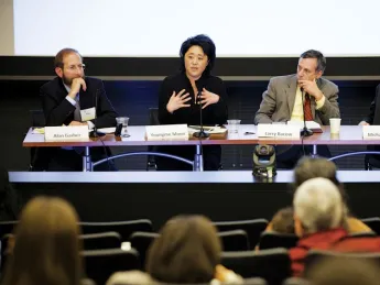 Left to right: Alan Garber, Youngme Moon, Lawrence Bacow, and Michael Sandel at the closing panel on “Looking to the Future”