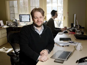 Joshua Benton in the newsroom of the Nieman Journalism Lab