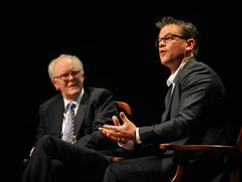 In a sometimes funny, sometimes poignant on-stage conversation with actor and master of ceremonies John Lithgow ’67, Ar.D. ’05, Matt Damon talked about his career in Hollywood and reminisced about his Cambridge roots, including his days at Cambridge Rindge and Latin High School and his undergraduate years at Harvard.
