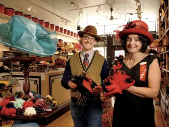 Nancy Sinsabaugh and Salmagundi proprietor Jessen Fitzpatrick display the &ldquo;ladies top hat.&rdquo; 