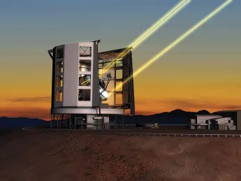 A rendering of the Giant Magellan Telescope in operation in Chile, deploying the lasers for its adaptive-optics system 