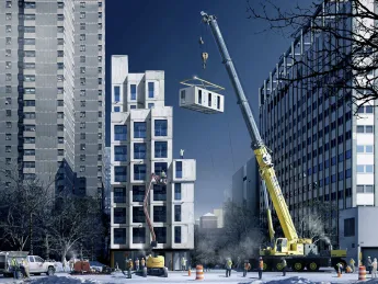 Compact apartments are proliferating in the United States. Here, artist’s renderings show how the MMNY micro-units, prefabricated in the Brooklyn Navy Yard and shipped to the East 27th Street building site, will be stacked atop each other like Lego bricks. 