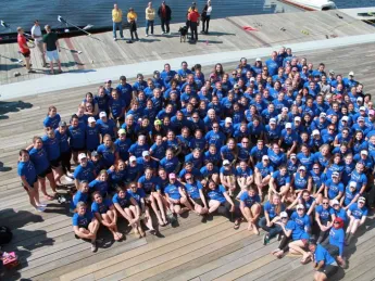 Teams from Boston College, Boston University, Harvard-Radcliffe, Holy Cross, Northeastern, and MIT went head to head in five crew events, all wearing identical “Row For Boston” T-shirts, designed by Corinne Wee ’13. 