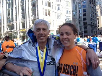 Beach, with his daughter Emily, shortly after finishing 