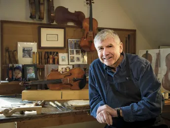 In his Cambridge studio, Childs makes about six violins a year. 