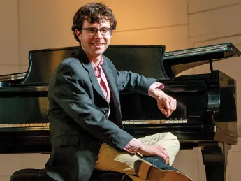 Matthew Aucoin, in Paine Hall for a lecture and recital to preview <i>Crossing</i>.