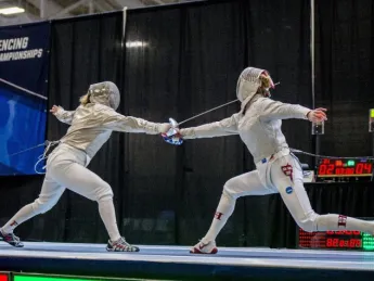 Adrienne Jarocki ’17 (right) squares off against Yale's Joanna Lew.