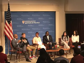 At the JFK Jr. Forum on Monday, panelists discussed the case surrounding Michael Brown's death. From left, Khalil Gibran Muhammad, Jason Pollock, Lezley McSpadden, Benjamin Crump, Jasmine Rand, and Ashley Spillane.