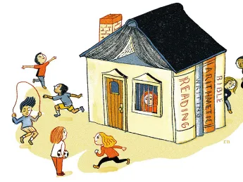 Children play outside while a homeschooled child watches through a window