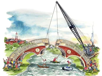 Illustration showing groups on both sides of the Charles River pushing two halves of a brick bridge together to span the river