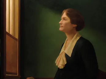 Posthumous portrait of astronomer Cecilia Payne-Gaposchkin looking up and through a window, echoing Vermeer’s painting “The Astronomer”