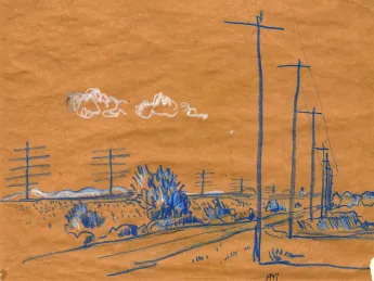 J. B. Jackson drawing of telephone poles on open plain