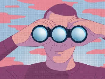 Illustration of a man looking through a pair of binoculars with three, not two, objective lenses