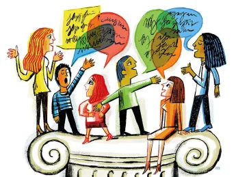 An illustration of people engaging in vigorous, animated dialogue 