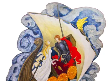 The painting “Love Potion” features two lovers craning toward each other in a boat on roiling ocean waters.