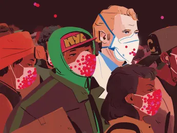 Illustration showing different quality masks with different levels of exposure to pathogens indicated by red dots on the masks