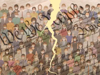 Illustration depicting social fissures during pandemic by tearing of the U.S. Constitution