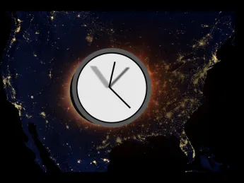 Illustration of a clock in motion over a map of the United States 
