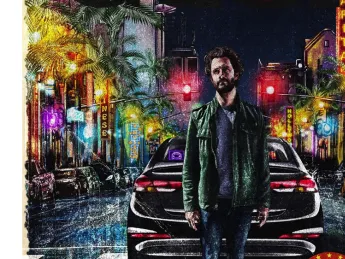 Film poster for DASH, showing the driver in front of his car on Hollywood Boulevard