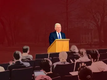 Montage of Harvey Mansfield at the podium with students in the foreground and the Yard in the background