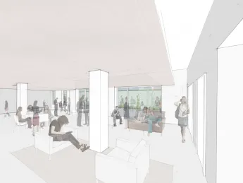 A rendering of the new multipurpose social and academic space to be created in the lower level of Old Quincy, looking toward the exterior terrace; the space is shown to the right in the architect's floorplan for the renovation of that lower level (click second thumbnail below).