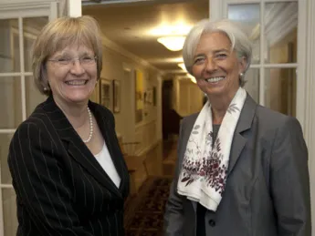 Kennedy School commencement speaker Christine Lagarde, managing director of the International Monetary Fund, visited President Faust at Massachusetts Hall during her trip to Harvard..